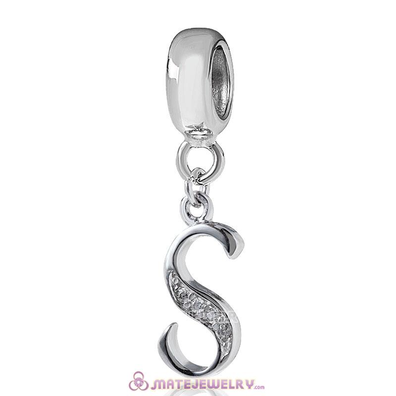 Sterling Silver Dangle Alphabet S Beads with White CZ Stone