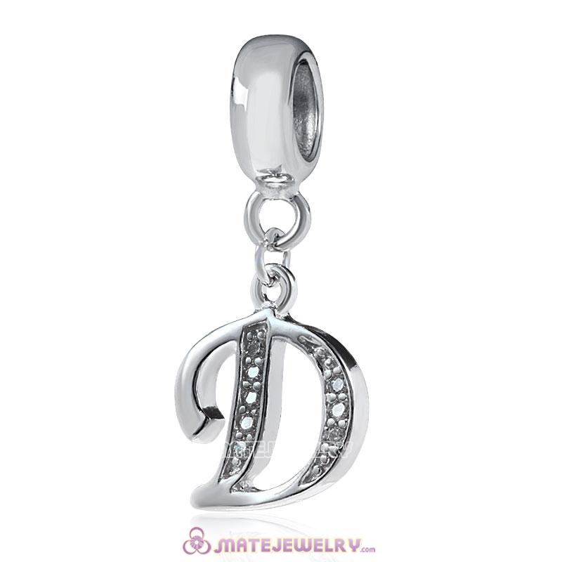 Sterling Silver Dangle Alphabet D Beads with White CZ Stone