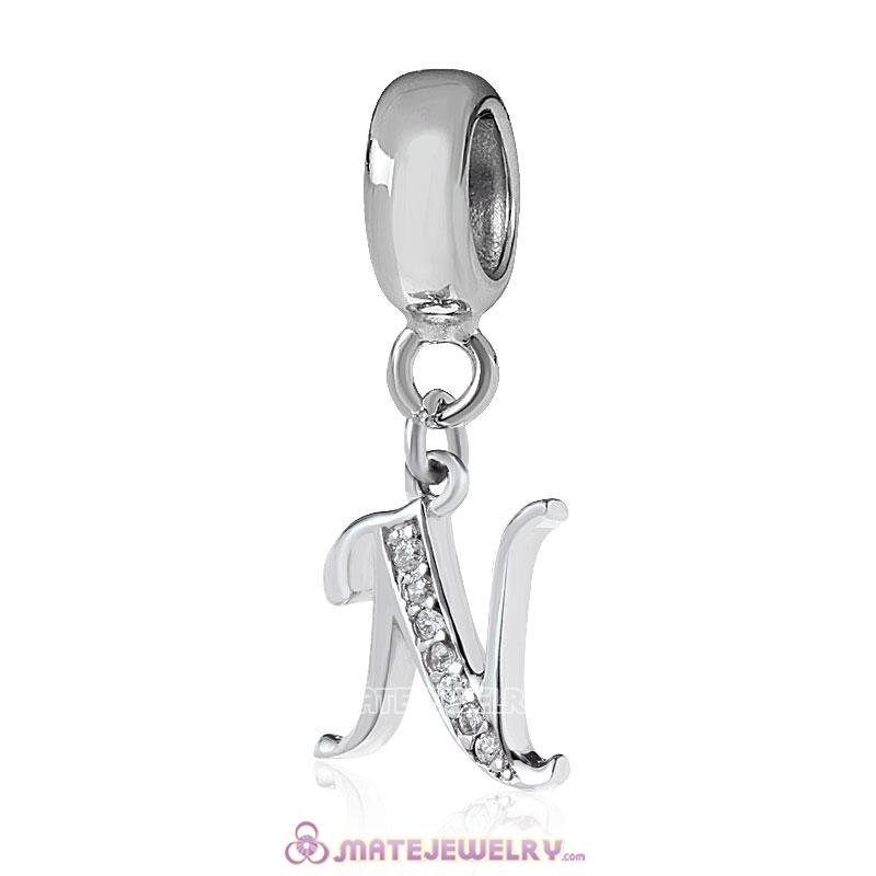Sterling Silver Dangle Alphabet N Beads with White CZ Stone