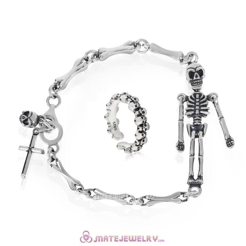 Sterling Silver Terrible Skeleton Bracelet and Ring