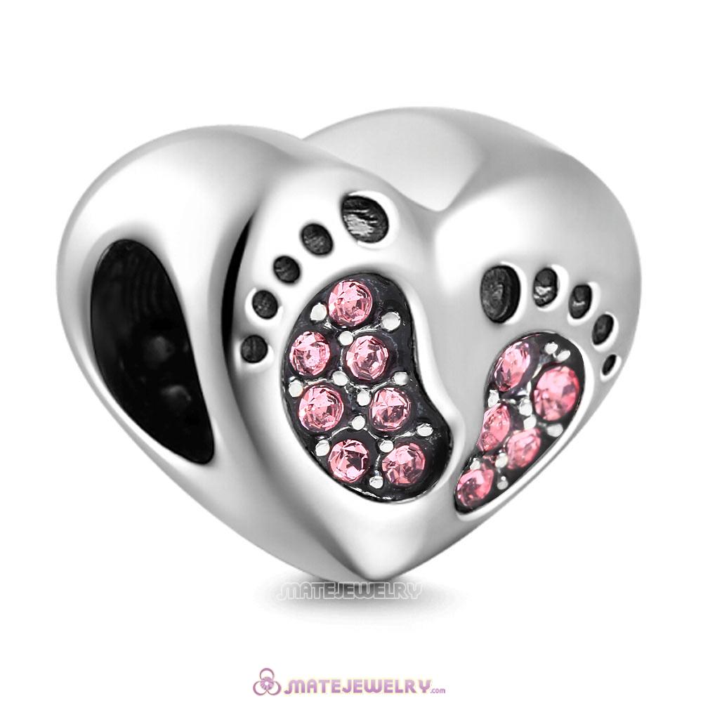 Pink Crystal Baby Footprint Heart Charms Beads