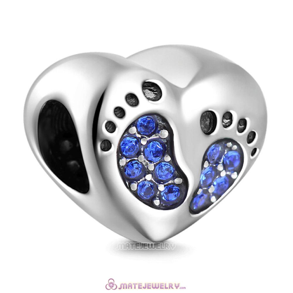 Sapphire Crystal Baby Footprint Heart Charms Beads