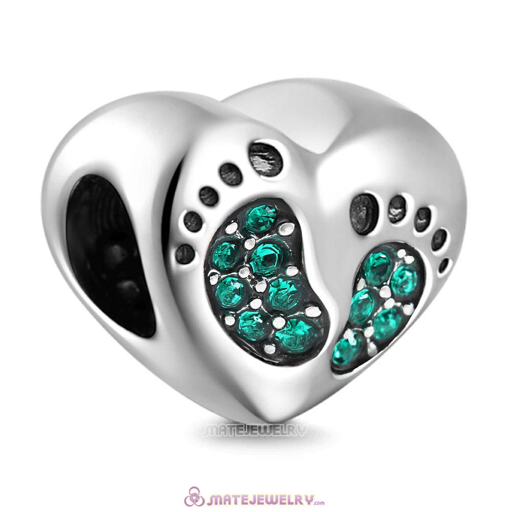 Emerald Crystal Baby Footprint Heart Charms Beads