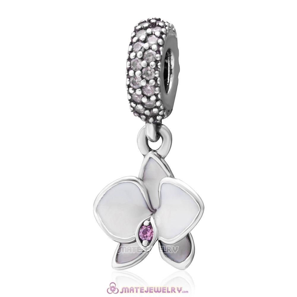 White Orchid Dangle with Pink Zircon Stone Charm