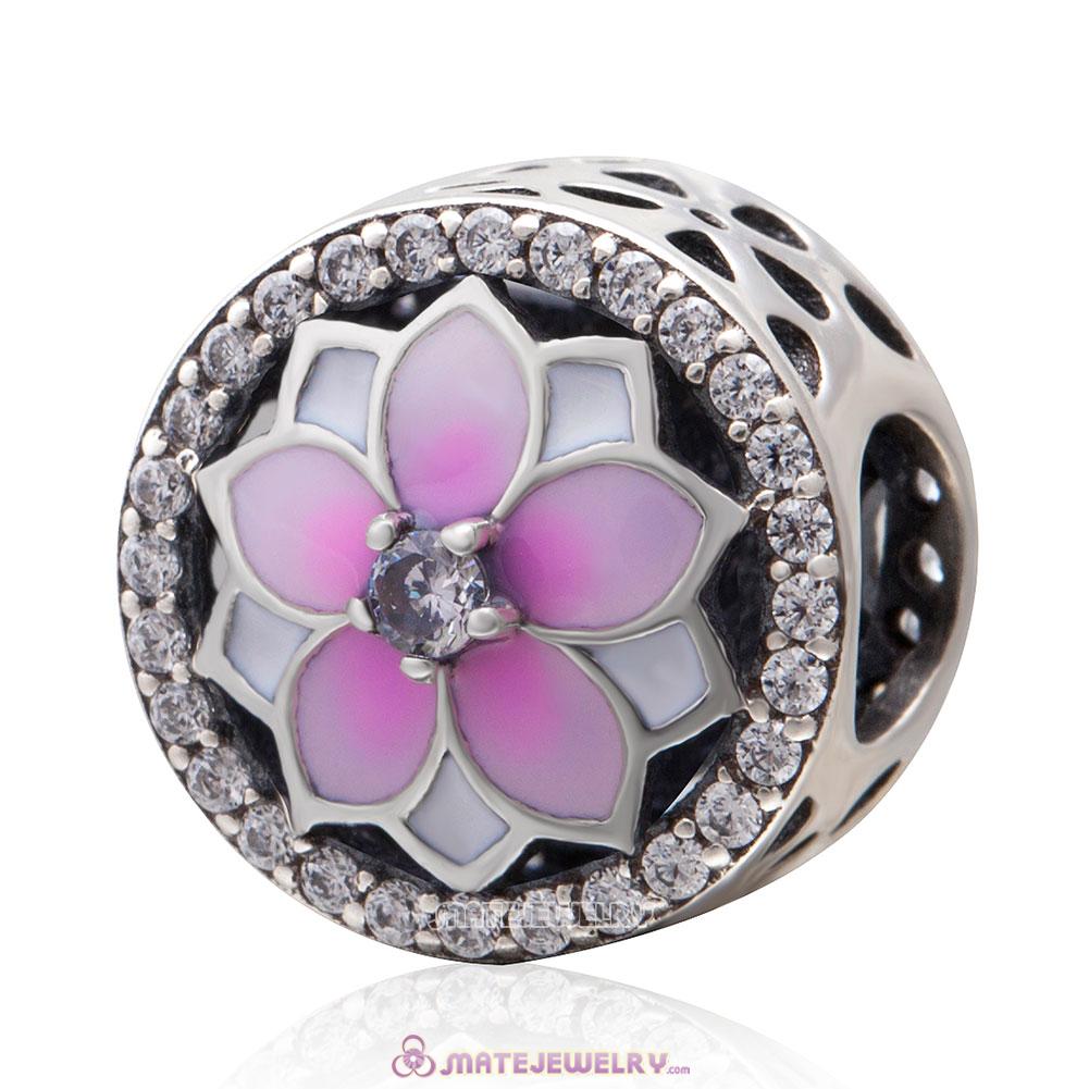 Magnolia Flower Pink Enamel Charms with Clear CZ