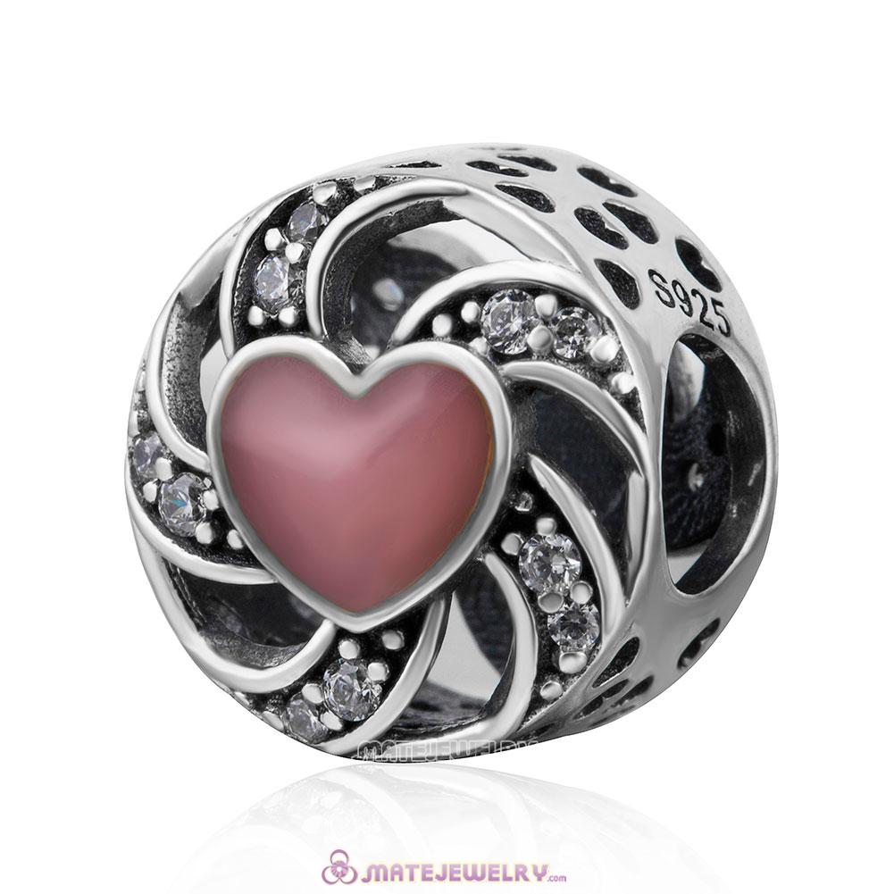 Pink Enamel and Clear CZ Ribbon Heart Charm