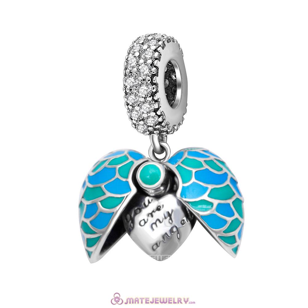 Angel Feather Heart Charms Pendant with Blue Enamel