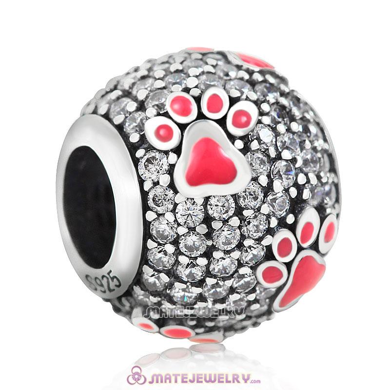 925 Silver Bright Pink Animal Pawprint Charm Beads