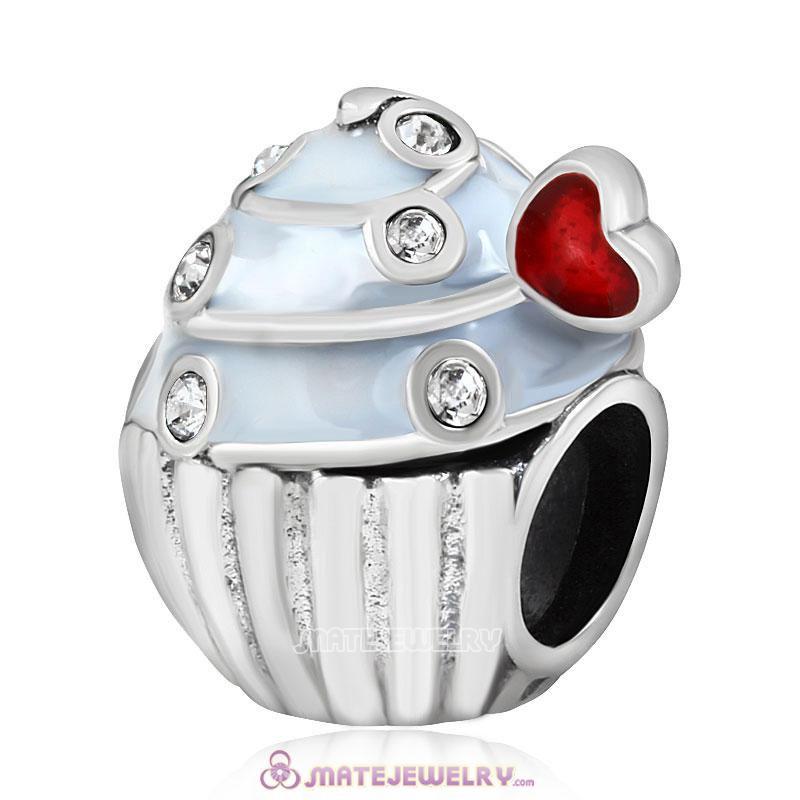 Sweet Cupcake Charm Sterling Silver Bead with Clear Austrian Crystal