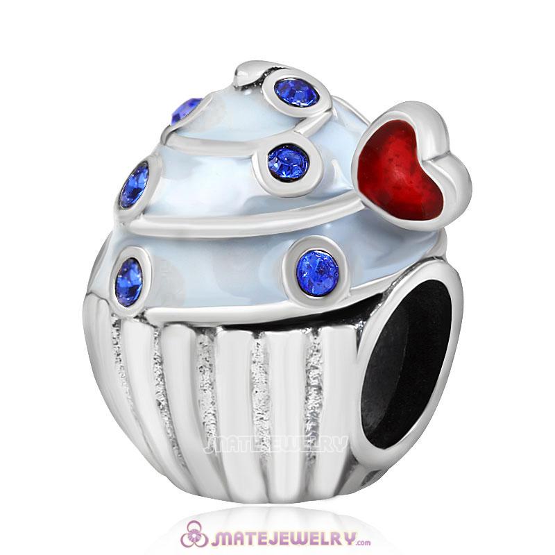 Sweet Cupcake Charm Sterling Silver Bead with Sapphire Austrian Crystal