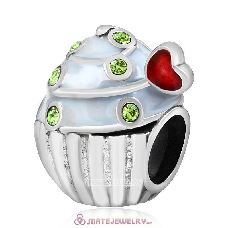 Sweet Cupcake Charm Sterling Silver Bead with Peridot Austrian Crystal