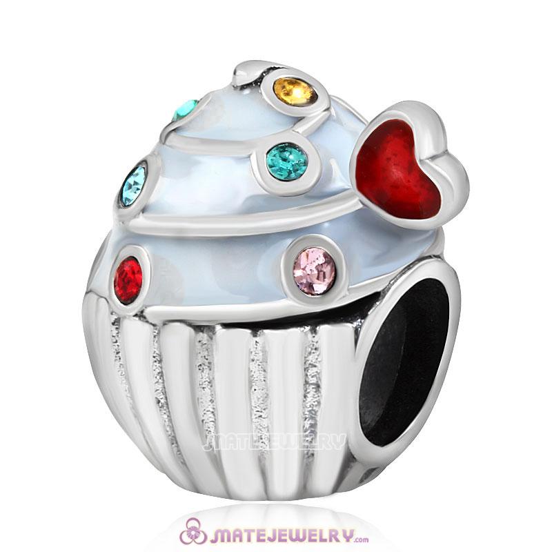 Sweet Cupcake Charm Sterling Silver Bead with Colorful Austrian Crystal