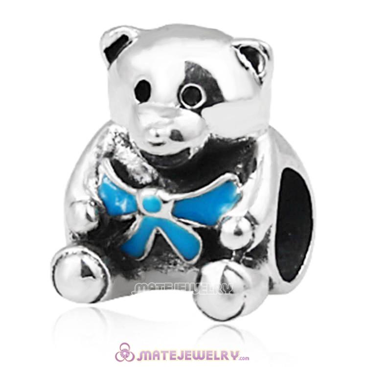Sterling Silver It is A Boy Teddy Bear Enamel Blue Ribbon Charm Beads