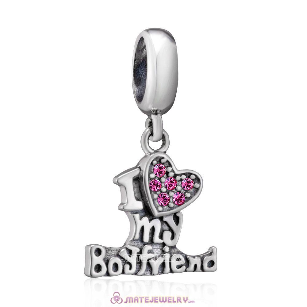 925 Sterling Silver I Love my Boyfriend Charms with Rose Crystal