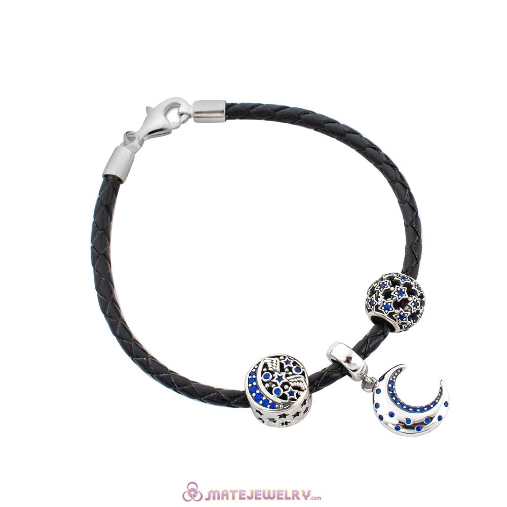 Sterling Silver Black Braided Leather Moon and Star Bracelet Charms with Lobster Clasp