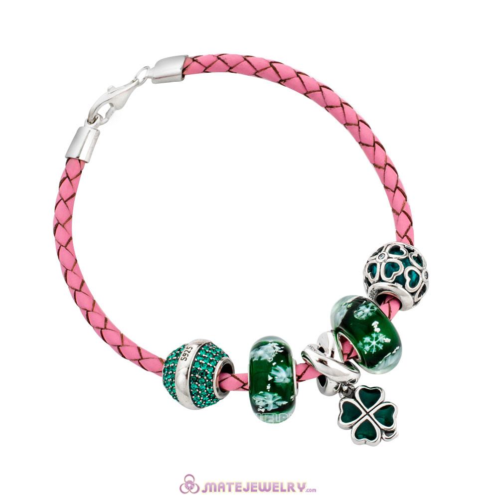 Sterling Silver Pink Braided Leather St Patrick Green Shamrock Bracelet Charms with Lobster Clasp