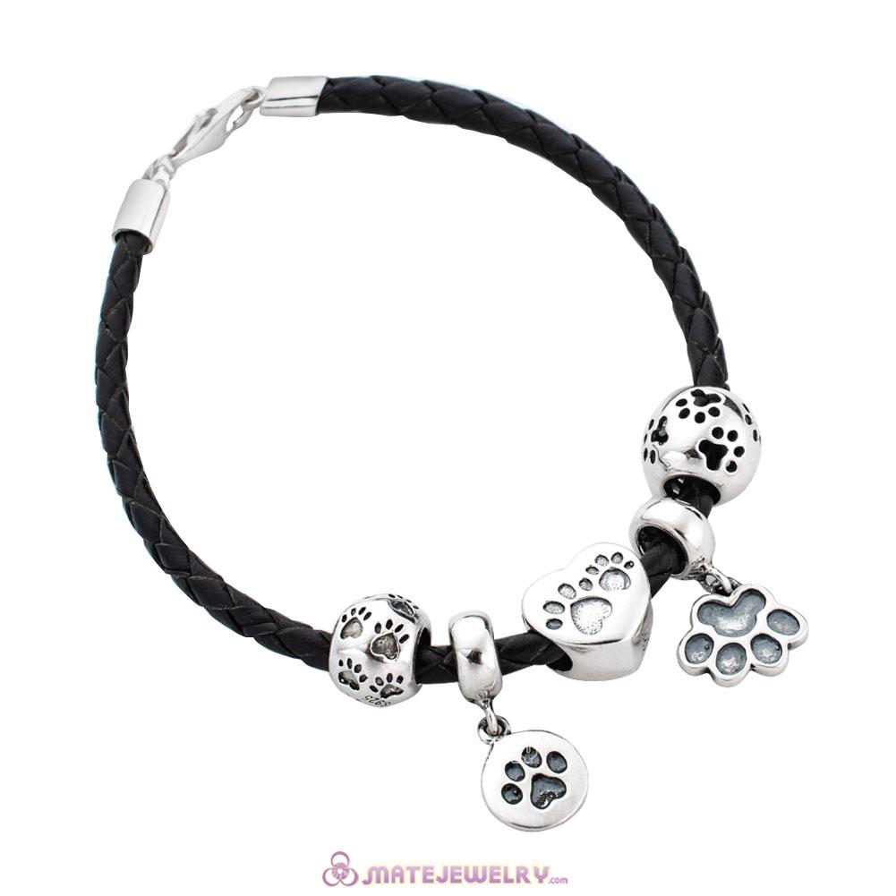 Black Braided Leather Animal Paw Print Bracelet Charms with Sterling Silver Lobster Clasp