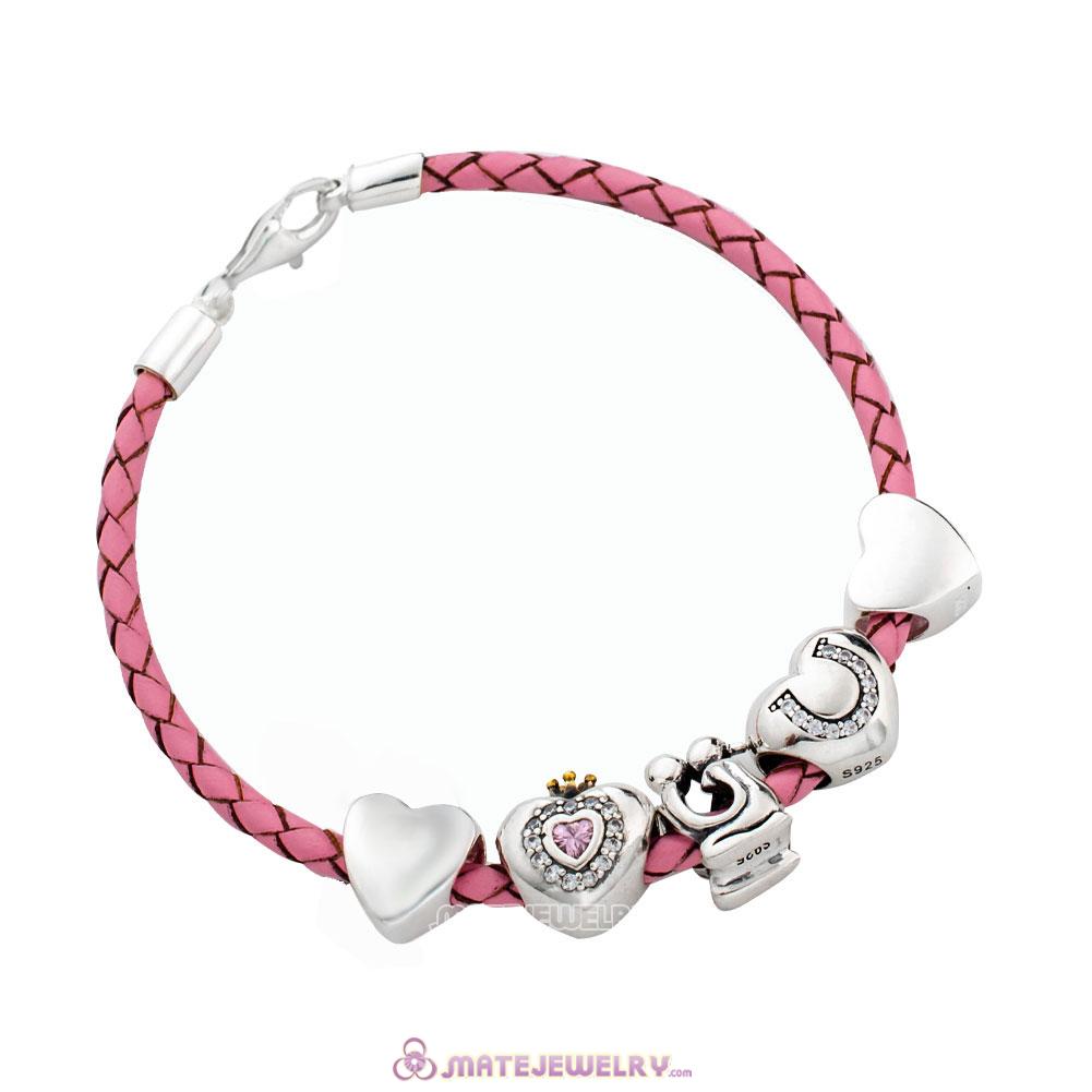 Pink Braided Leather Valentines Heart Bracelet Charms with Sterling Silver Lobster Clasp