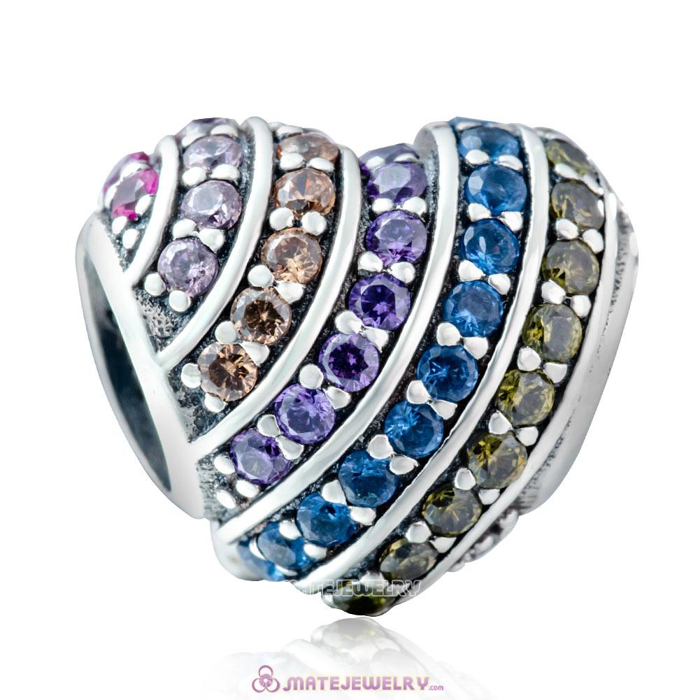 925 Sterling Silver Pave Heart Charm with Colorful Zirconia