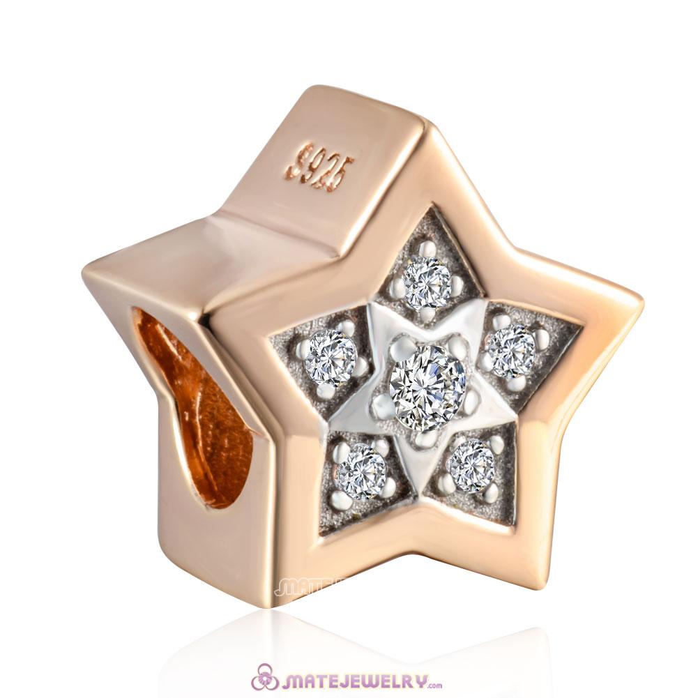 925 Sterling Silver Rose Gold Star Charm with White Stones