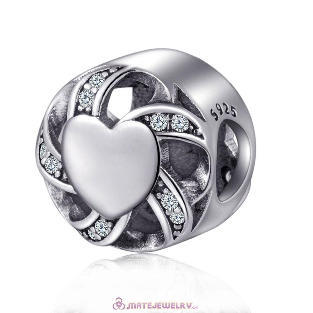 Silver Cubic Zirconia Ribbon Heart Charms