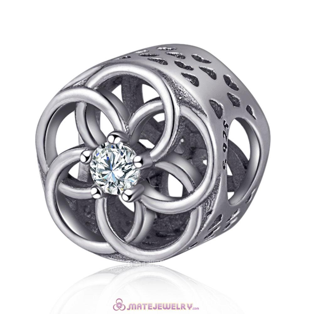 Silver Openwork Flower Charms Beads European with Clear CZ