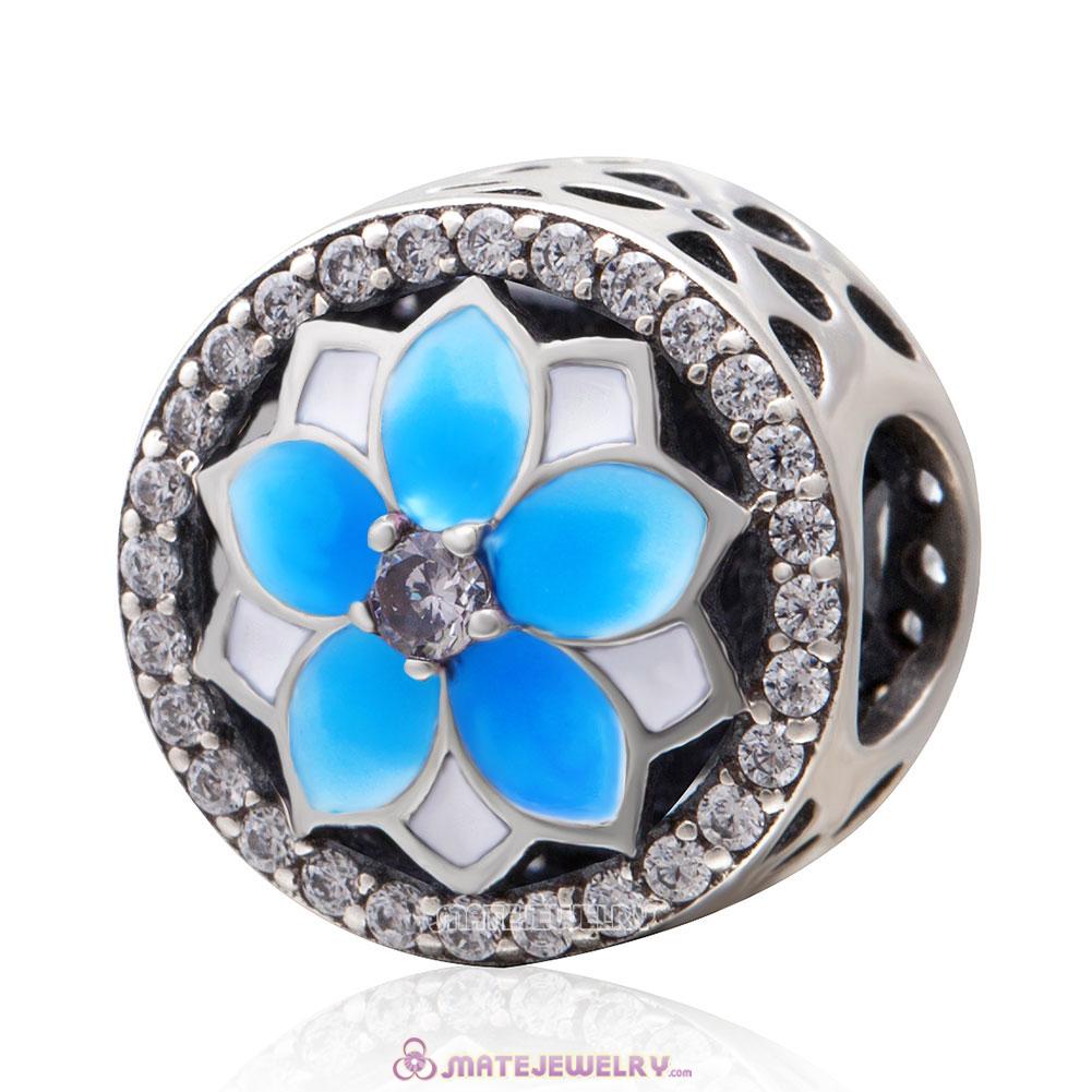 Magnolia Flower Light Blue Enamel Charms with Clear CZ