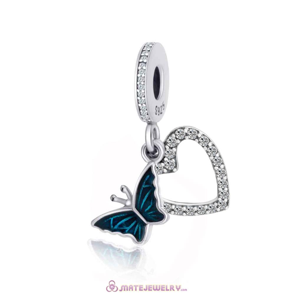925 Silver European Blue Butterfly on Heart Pendant Charm