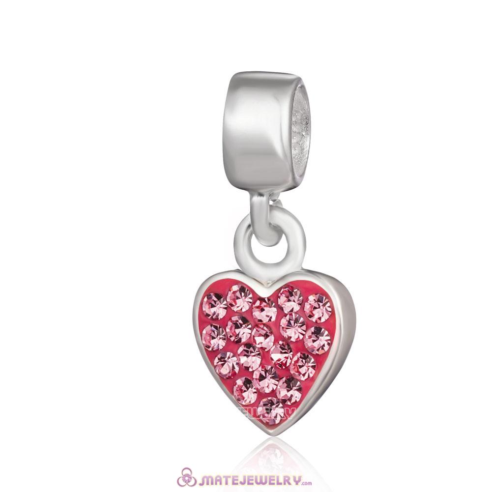 Wholesale 925 Sterling Silver Heart Dangle Charms With Pink Austrian Crystal