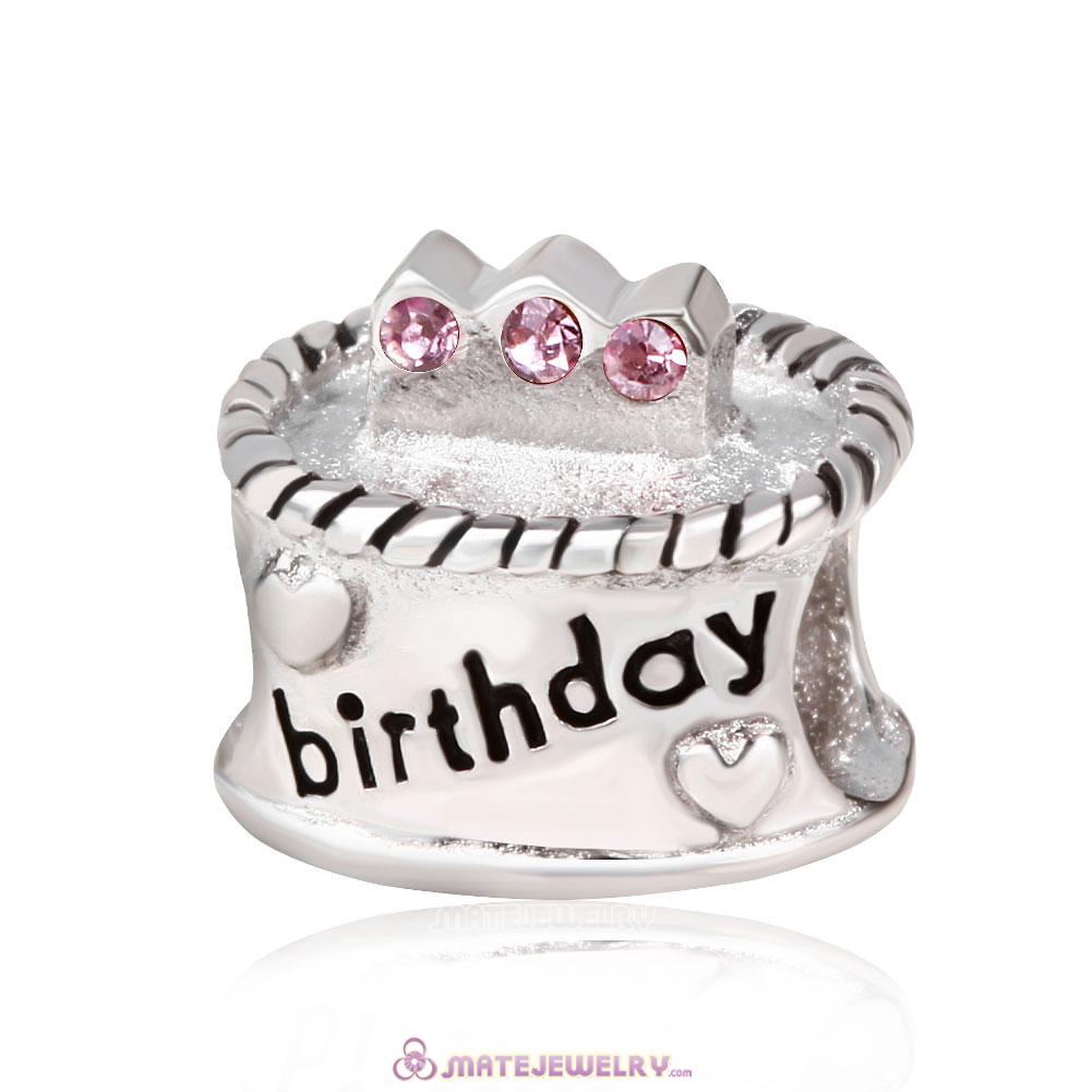 Sterling Silver Birthday Cake Charm Beads with Pink Austrian Crystal