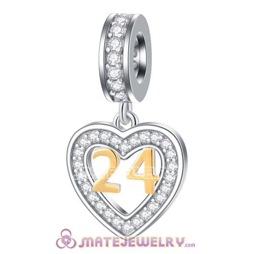 925 Silver European Gold Number 24 Heart Charm Pendant